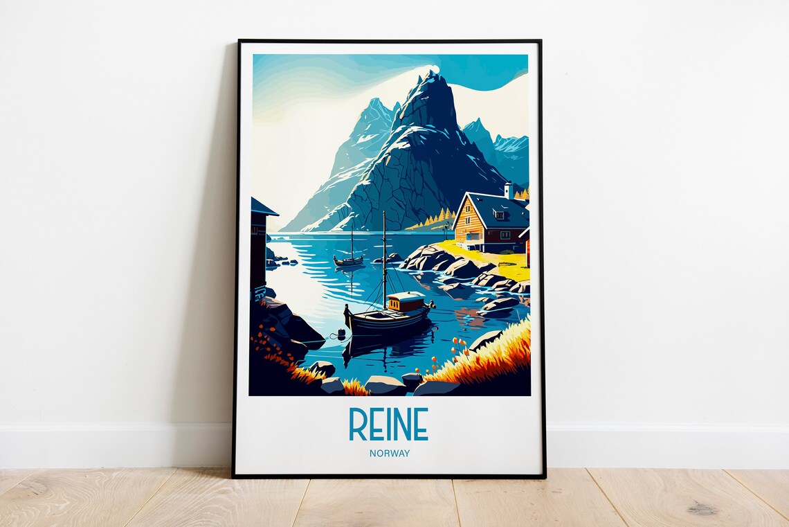 Reine Norway Fjord Fishing Boat Mountain Vintage Travel Poster Art
