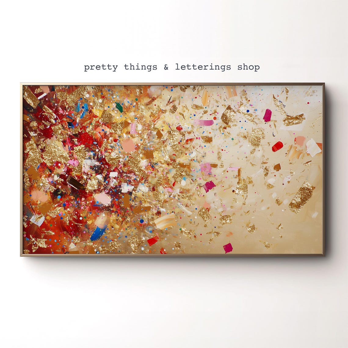 Gold Leaf Abstract Painting Red Confetti Textured Modern Poster