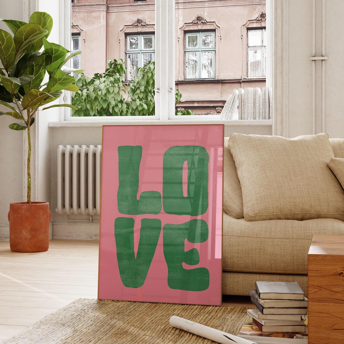 LOVE Bold Green Retro Typography Pink Pop Art Statement Wall Poster
