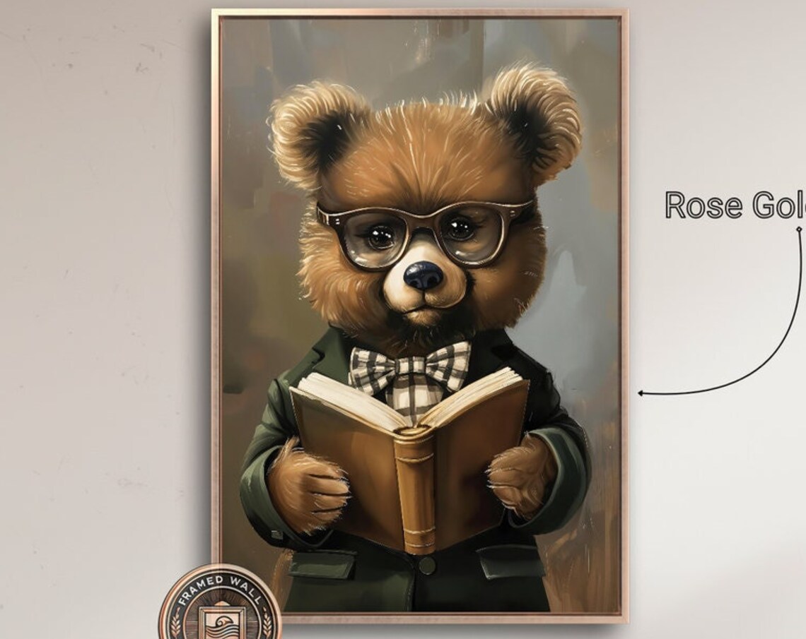 Cute Bear Cub Reading Book Glasses Bow Tie Formal Attire Kids Room Poster