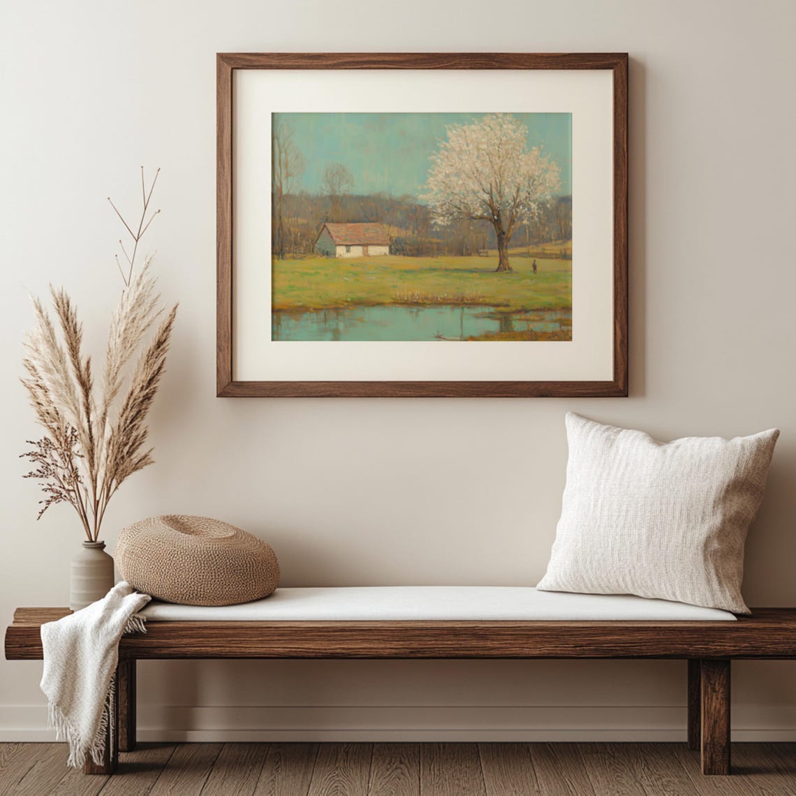 Spring Blossom Tree Rustic Barn Pond Muted Landscape Painting Wall Art - Image 3