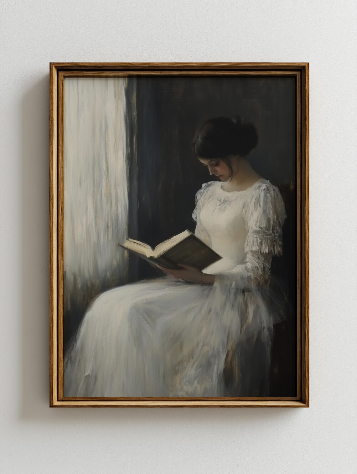 Antique Woman Reading Book Moody Portrait Vintage Lady Oil Painting Wall Art Print - Image 2