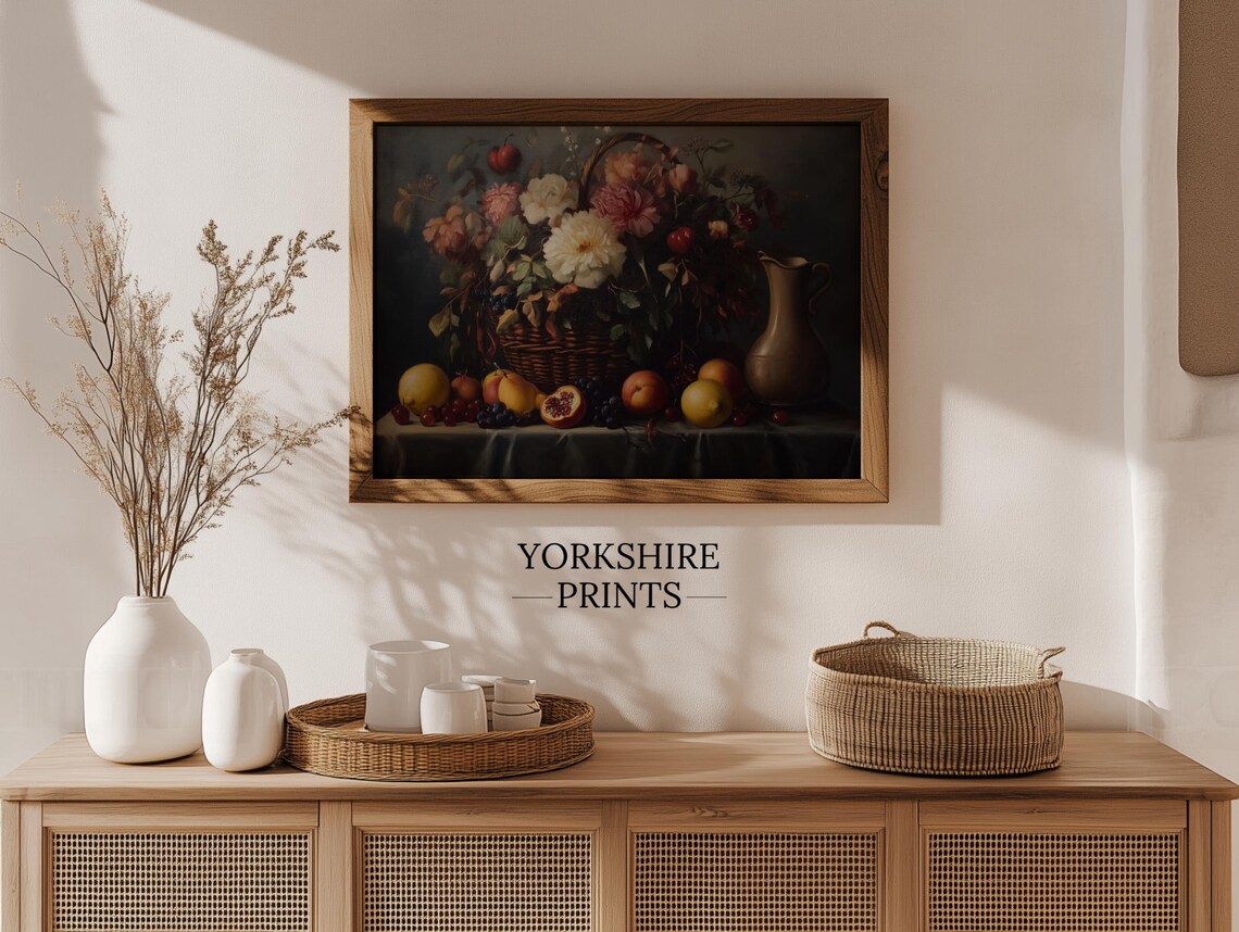 Vintage Still Life Floral Fruit Basket Art Print - Image 3