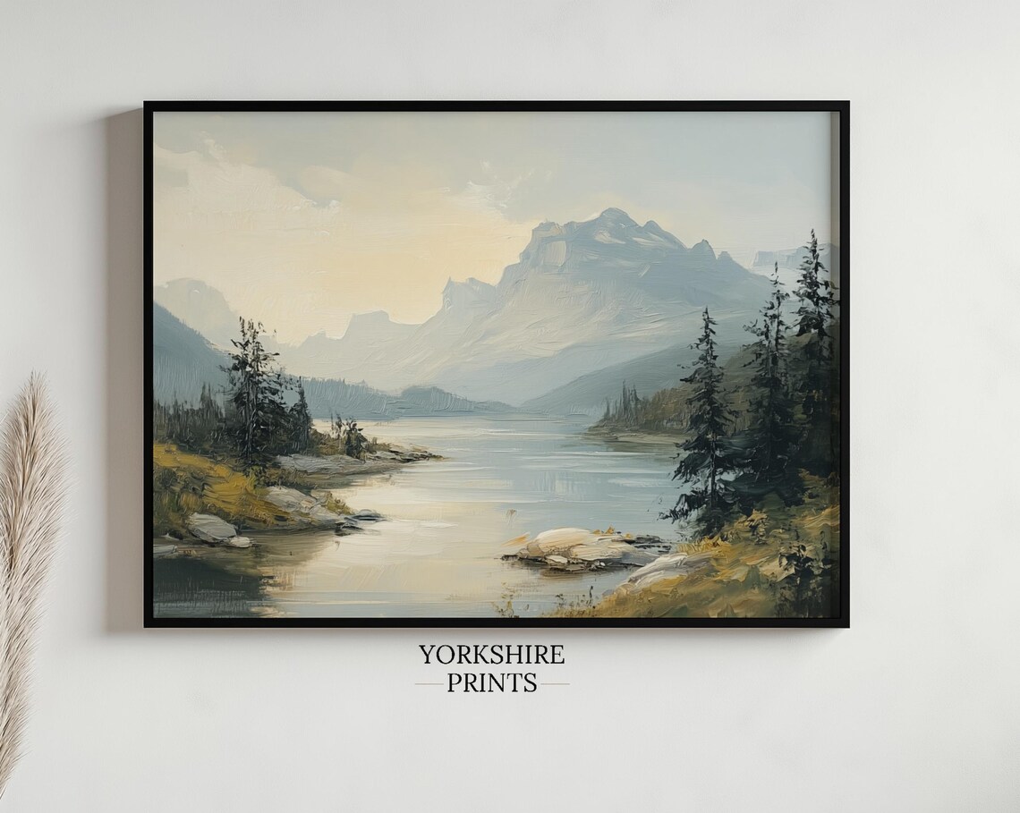 Mountain Lake Landscape, Vintage Rustic Cabin Art Print - Image 2