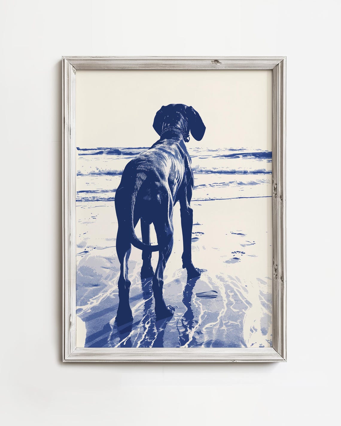 Coastal Dog Silhouette At The Beach Navy Blue Ocean Art Poster