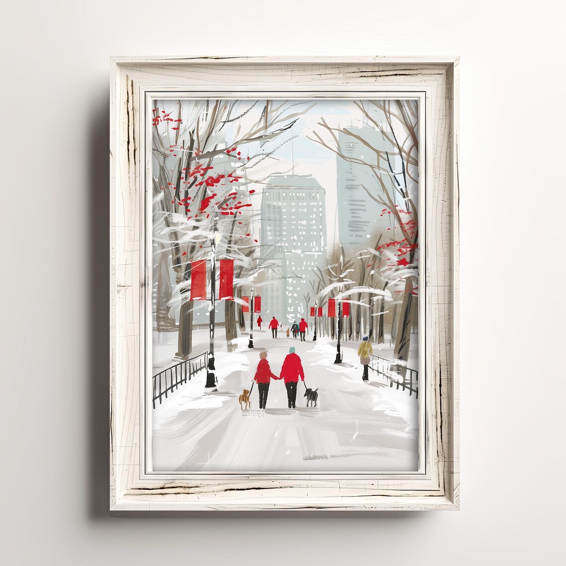 Winter Walk With Dogs Through a Snowy City Park With Red Banners Poster