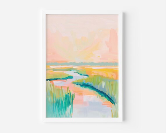 Coastal Marsh River Pastel Landscape Serene Sunset Art Poster