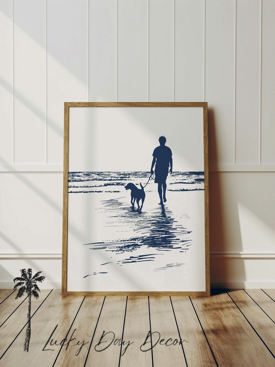 Man Walking Dog On Beach Navy Blue Silhouette Coastal Art Poster