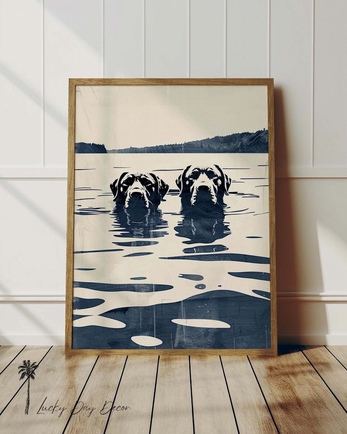 Wet Dogs at the Sandbar, Cottage Wall Art Print