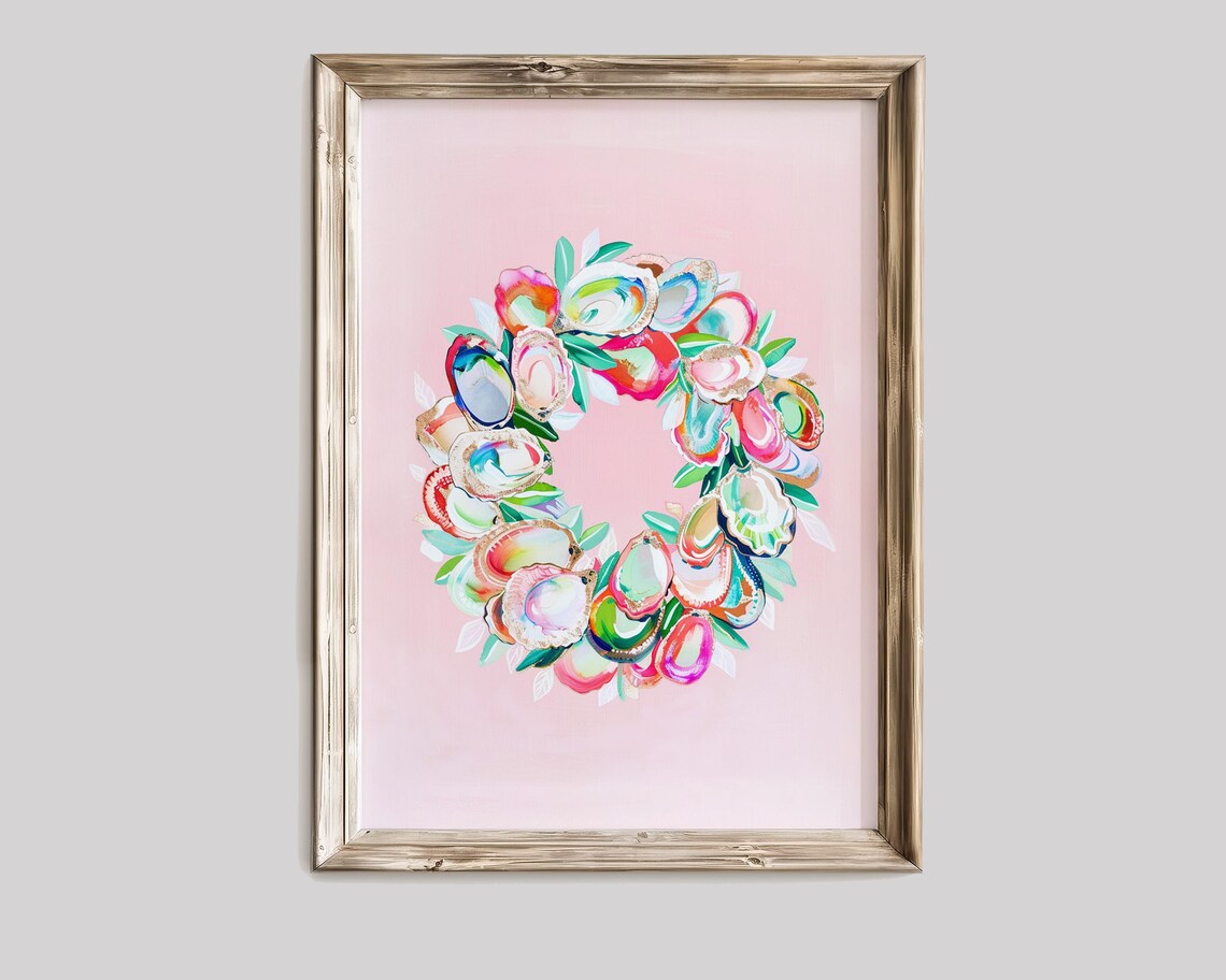 Decorative Oyster Wreath Print, Pastel Retro Holiday