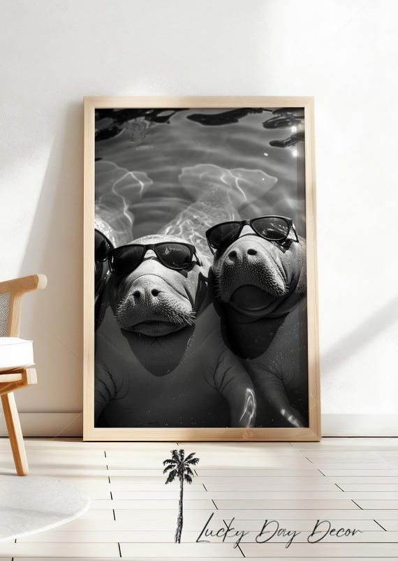 Bestie Manatees Poolside Funny Animals Whimsical Sea Life Animal Lover Print Cow Pose In Sunglasses Monochrome