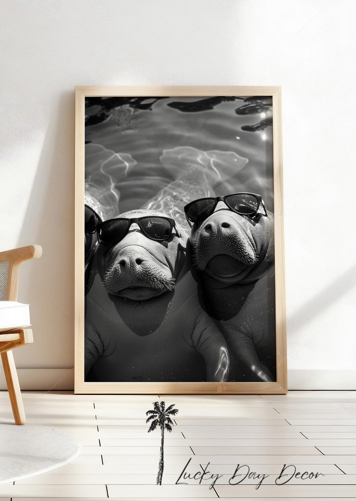 Cool Manatees Wearing Sunglasses Black And White Photo Wall Art