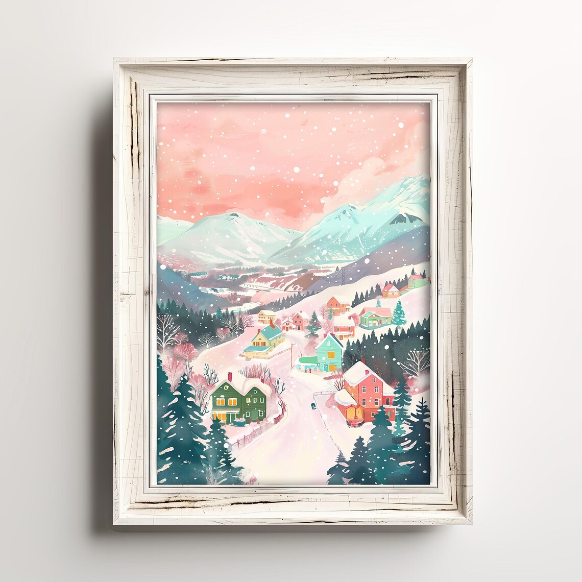 Pastel Christmas Mountain Village Snowy Pink Sky Watercolor Town Poster