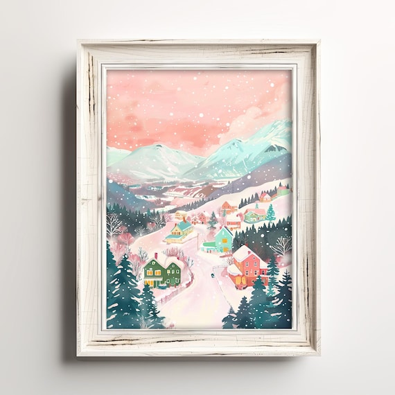 Pastel Christmas Mountain Village Snowy Pink Sky Watercolor Town Poster