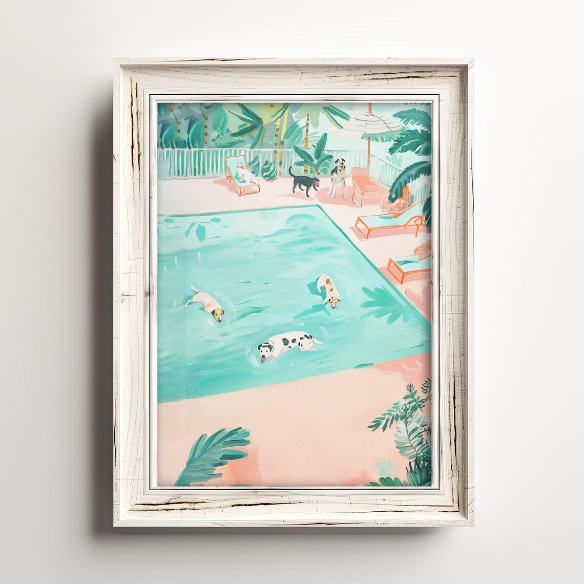 Playful Dogs Swimming Pool Tropical Pastel Summer Painting Poster