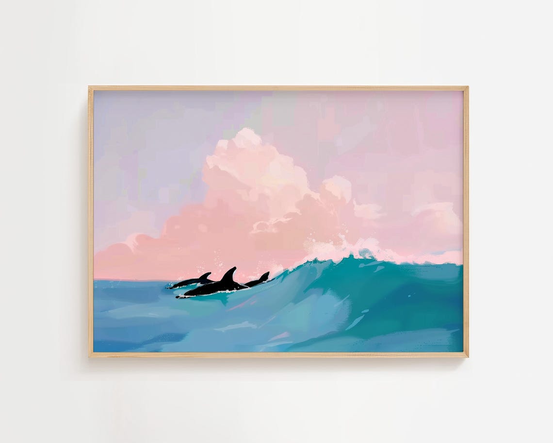Dolphins Riding Pastel Ocean Wave Pink Blue Dreamy Sea Art Poster
