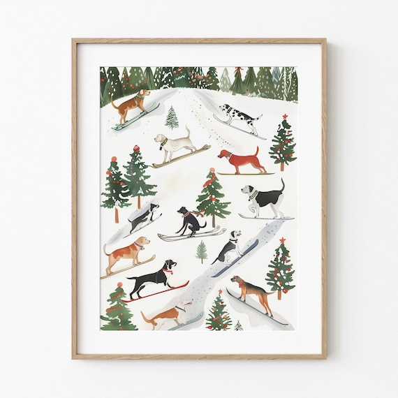 Snow Skiing Dogs, Whimsical Mountain Dog Art Print