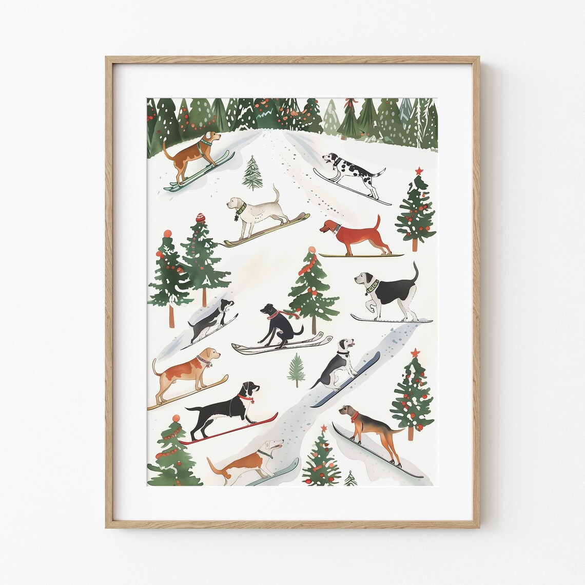 Snow Skiing Dogs, Whimsical Mountain Dog Art Print