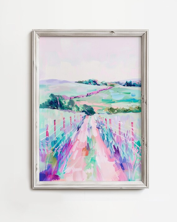 Lavender Country Road Pastel Countryside Fence Painting Poster