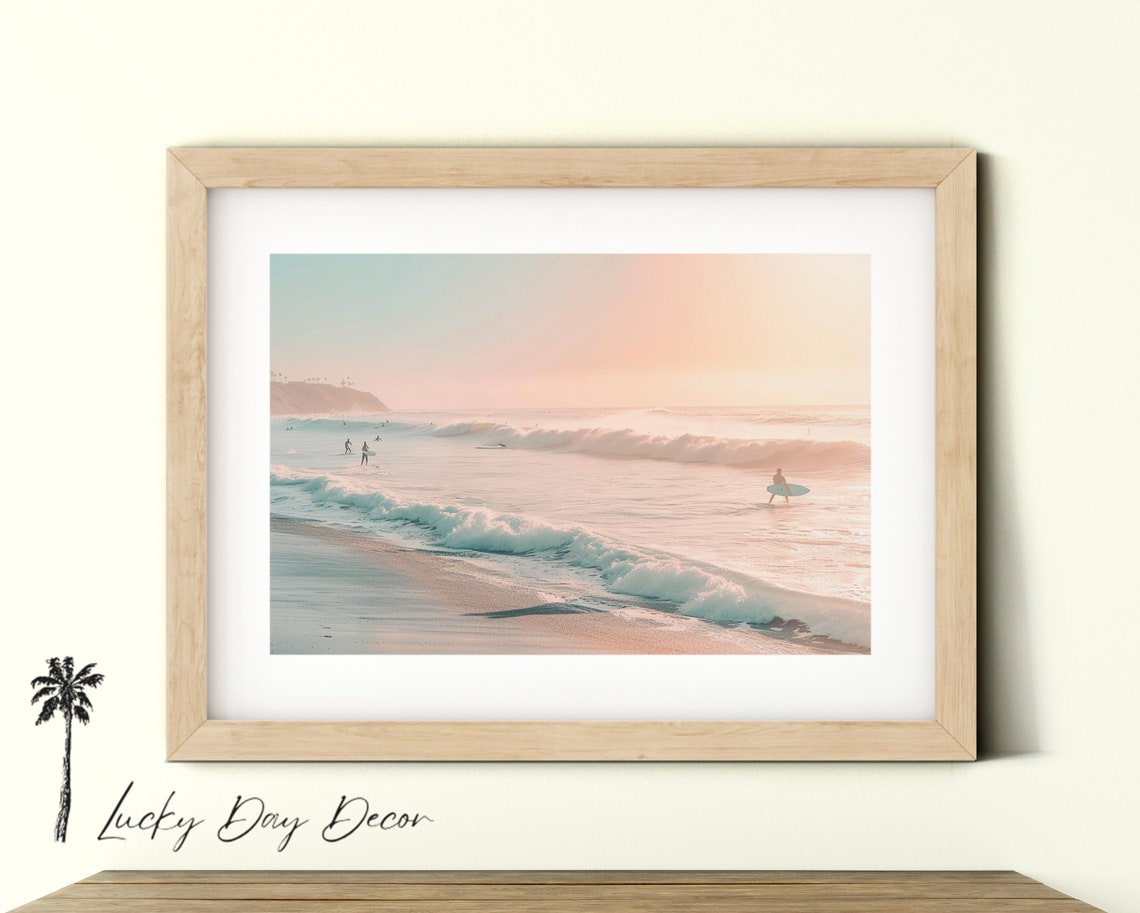 Surfers In Ocean Waves At Pastel Sunrise Beach Dreamy Photo Poster