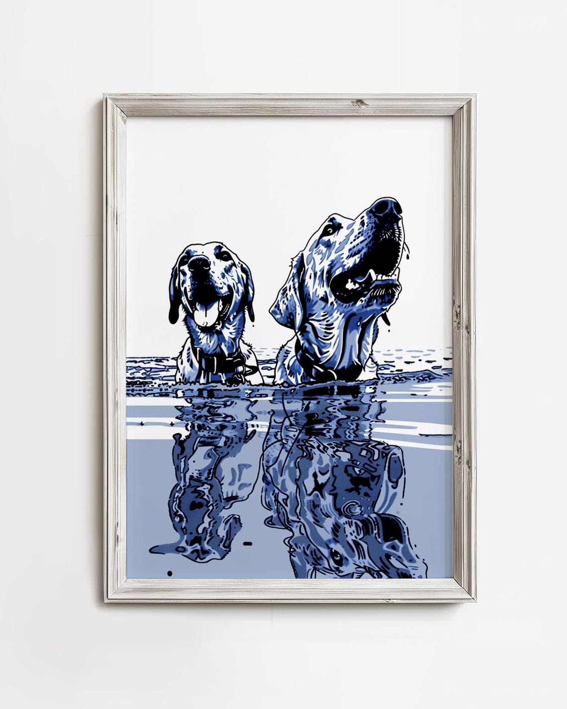 Two Labradors Swimming Blue Monochrome Pop Art Dog Portrait Poster