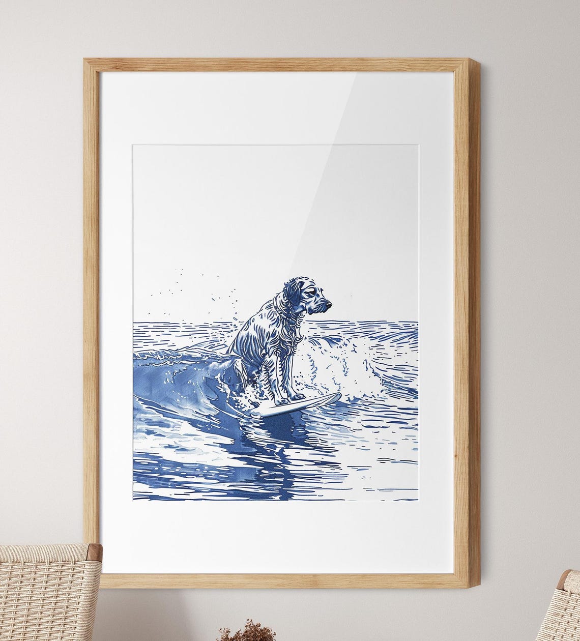 Labrador Dog Surfing Ocean Wave Blue Line Sketch Funny Dog Poster
