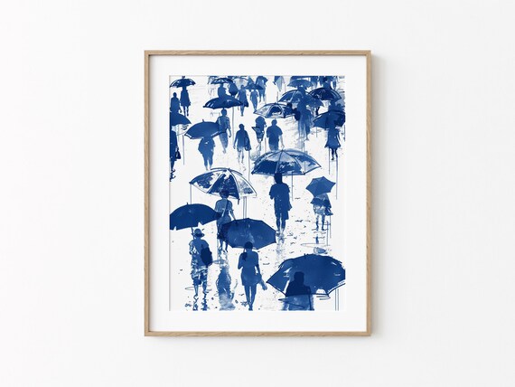 Rainy Day Umbrella Crowd Navy Ink City Street Illustration Poster