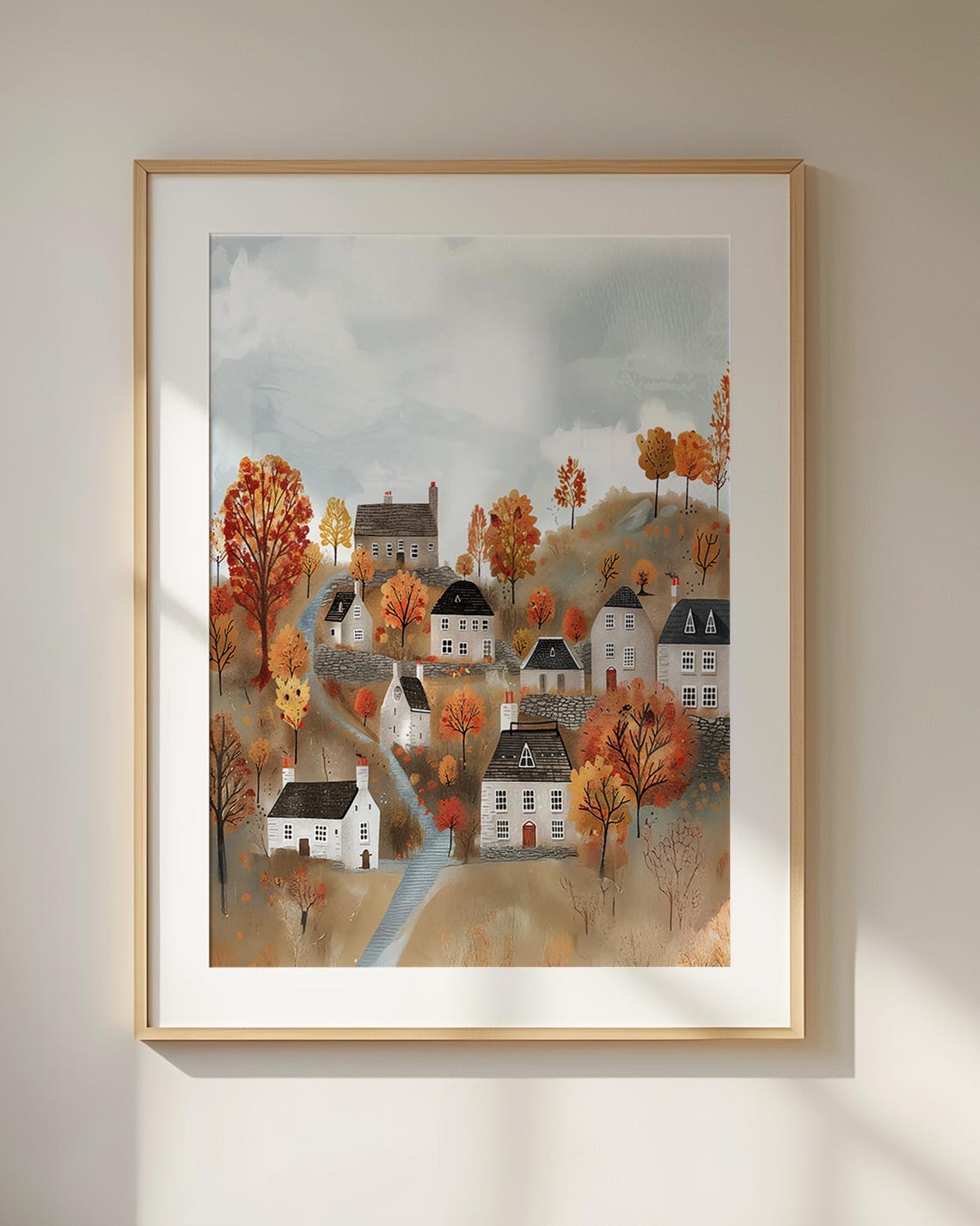 Whimsical Autumn Village Storybook Cottages Orange Trees Wall Art