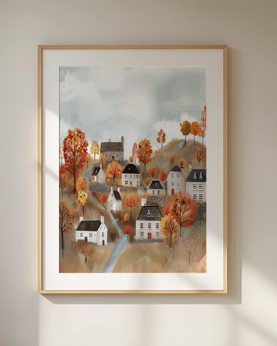 Cozy Fall Village Whimsical Art Print Rustic Hillside Colorful Painting Lover Autumn Wall Decor Warm Tone