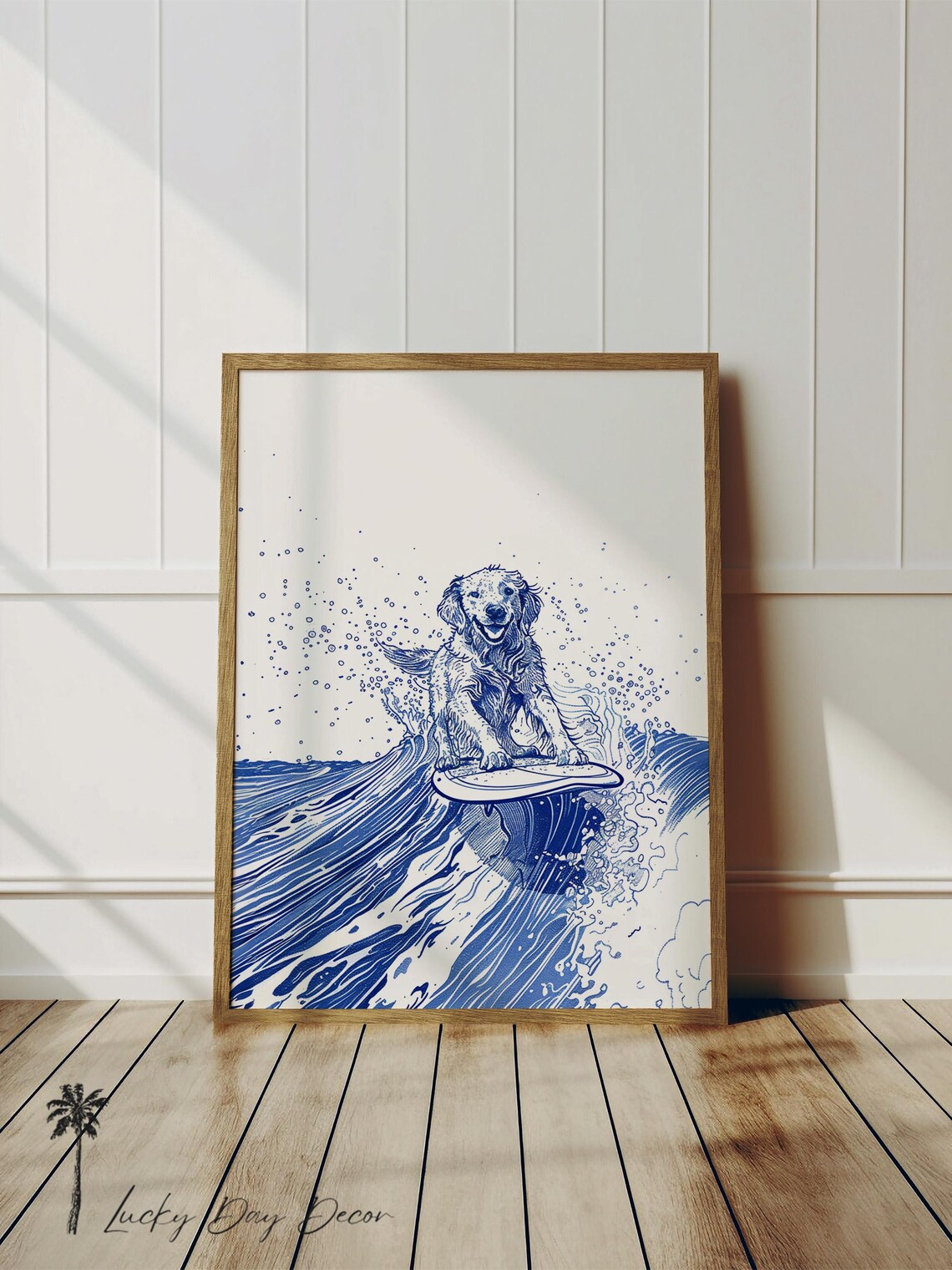 Golden Retriever Surfing Sketch, Coastal Dog Art Print