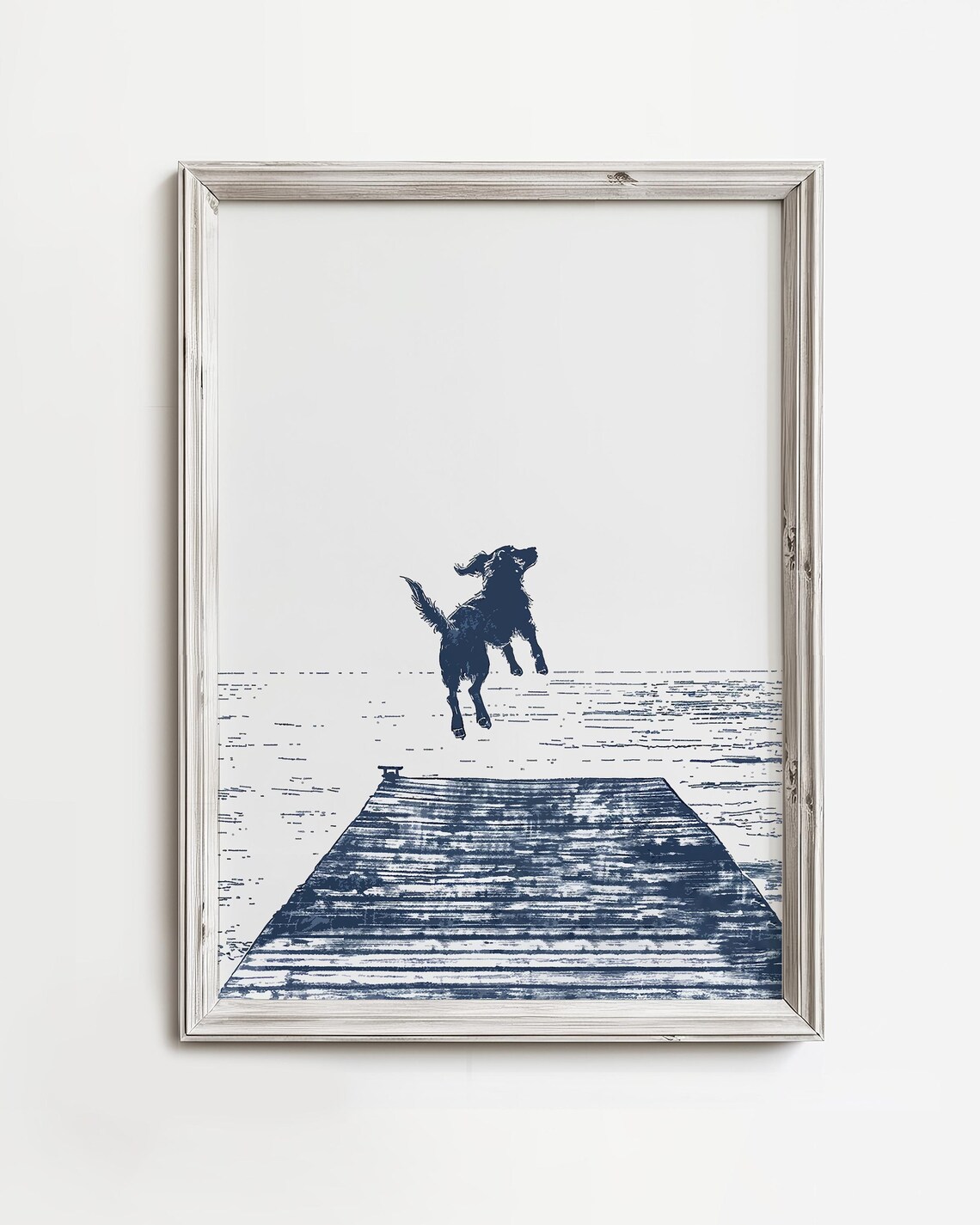 Happy Setter Dog Jumps Off Dock, Coastal Cottage Art Print