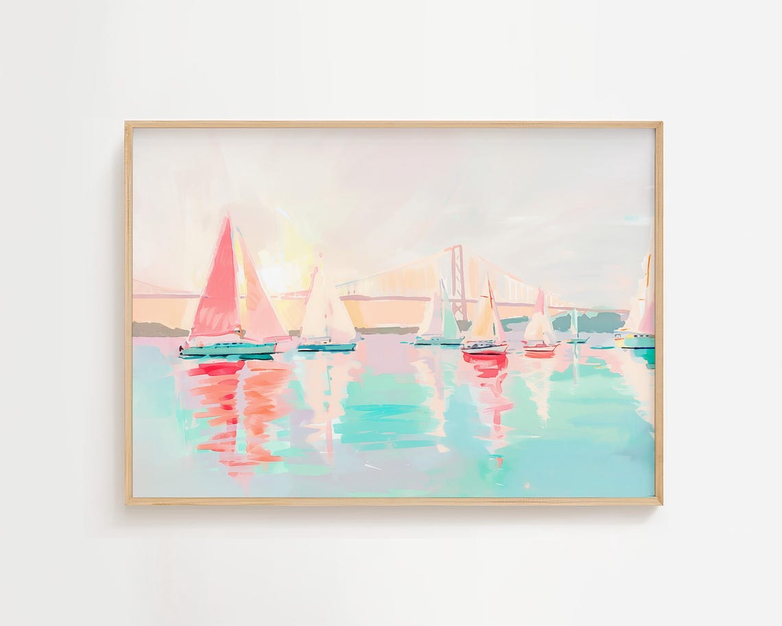 Pastel Sailboats Suspension Bridge Sunset Seascape Painting Poster