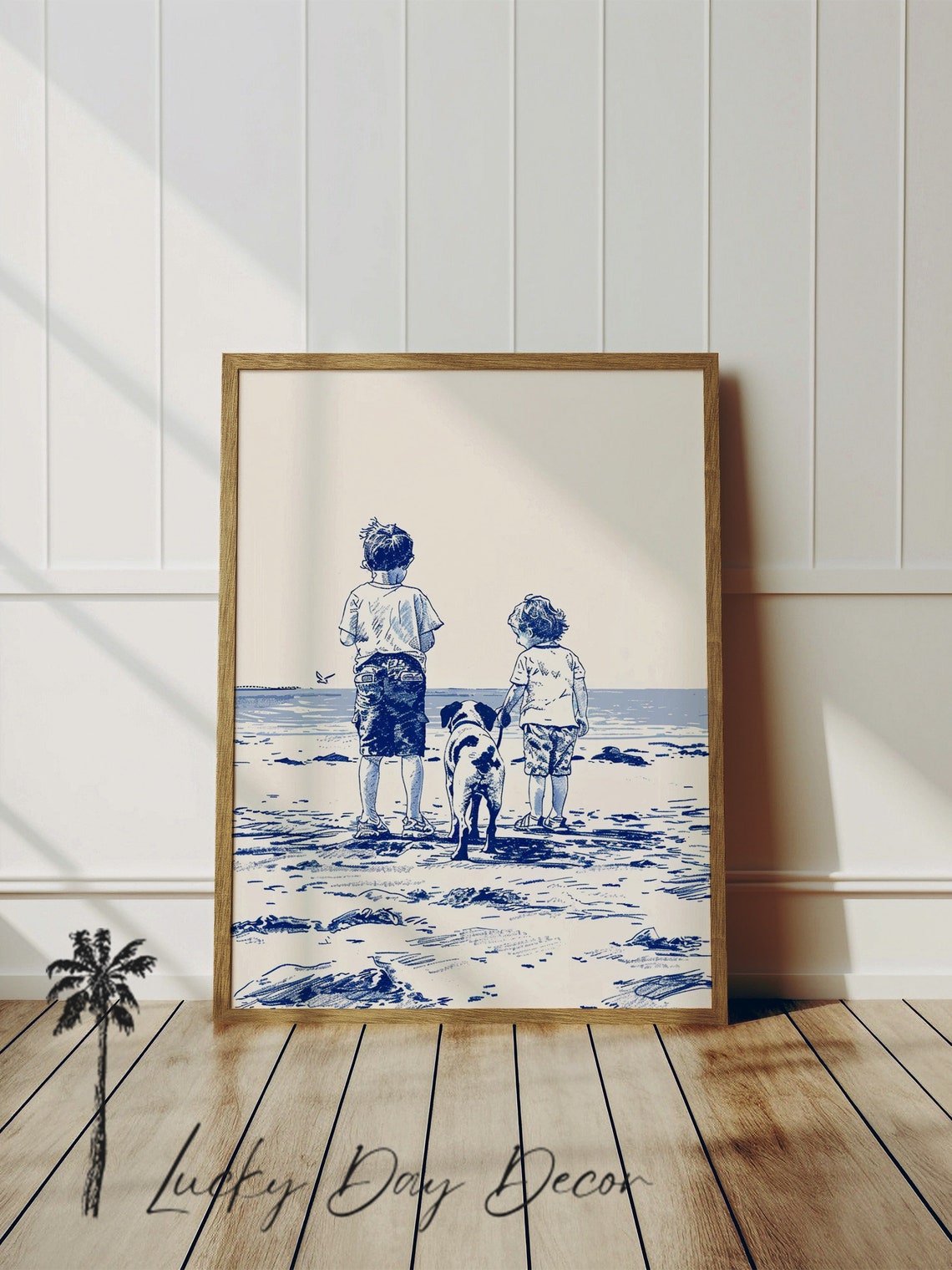 Two Kids and Their Dog on the Beach Blue Ink Coastal Sketch Poster