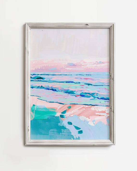Ocean Sunset Painting Colorful Pastel Pink Blue Coastal Artwork Wave Abstract Impressionist Art Beach Wall Decor