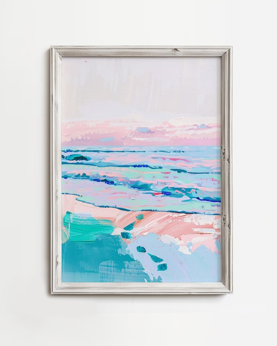 Pastel Ocean Waves Abstract Pink Teal Beach Surf Art Painting Poster