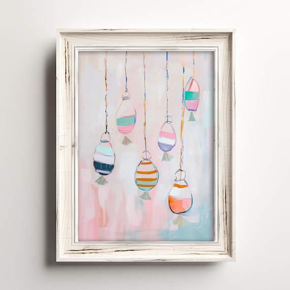 Pastel Buoy Lanterns Whimsical Nautical Watercolor Art Poster