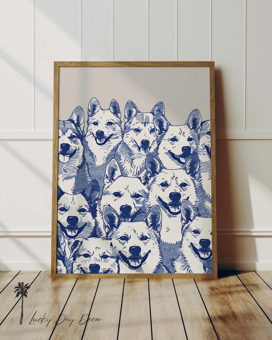 Happy Smiling Siberian Husky Faces Crowd Navy Blue Ink Poster