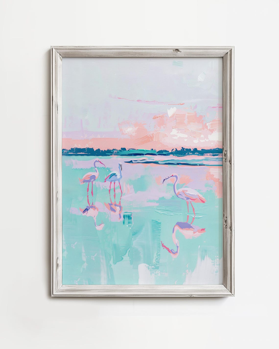 Flamingos in Pastel Backwater Pink Turquoise Coastal Art Poster