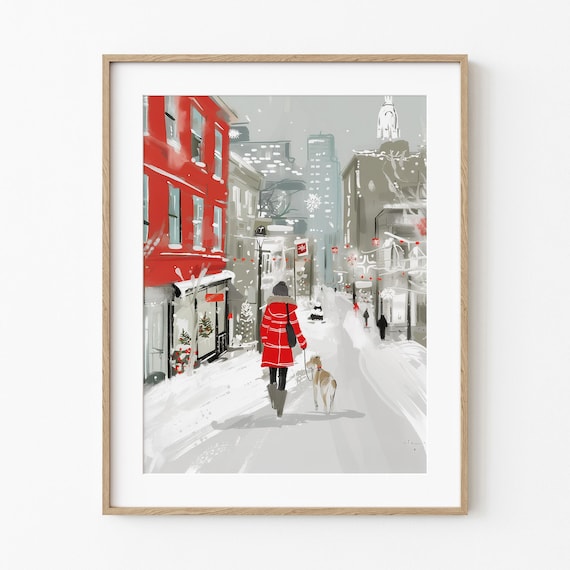 Snowy City Street Poster Woman Walking Dog In Winter City Scene
