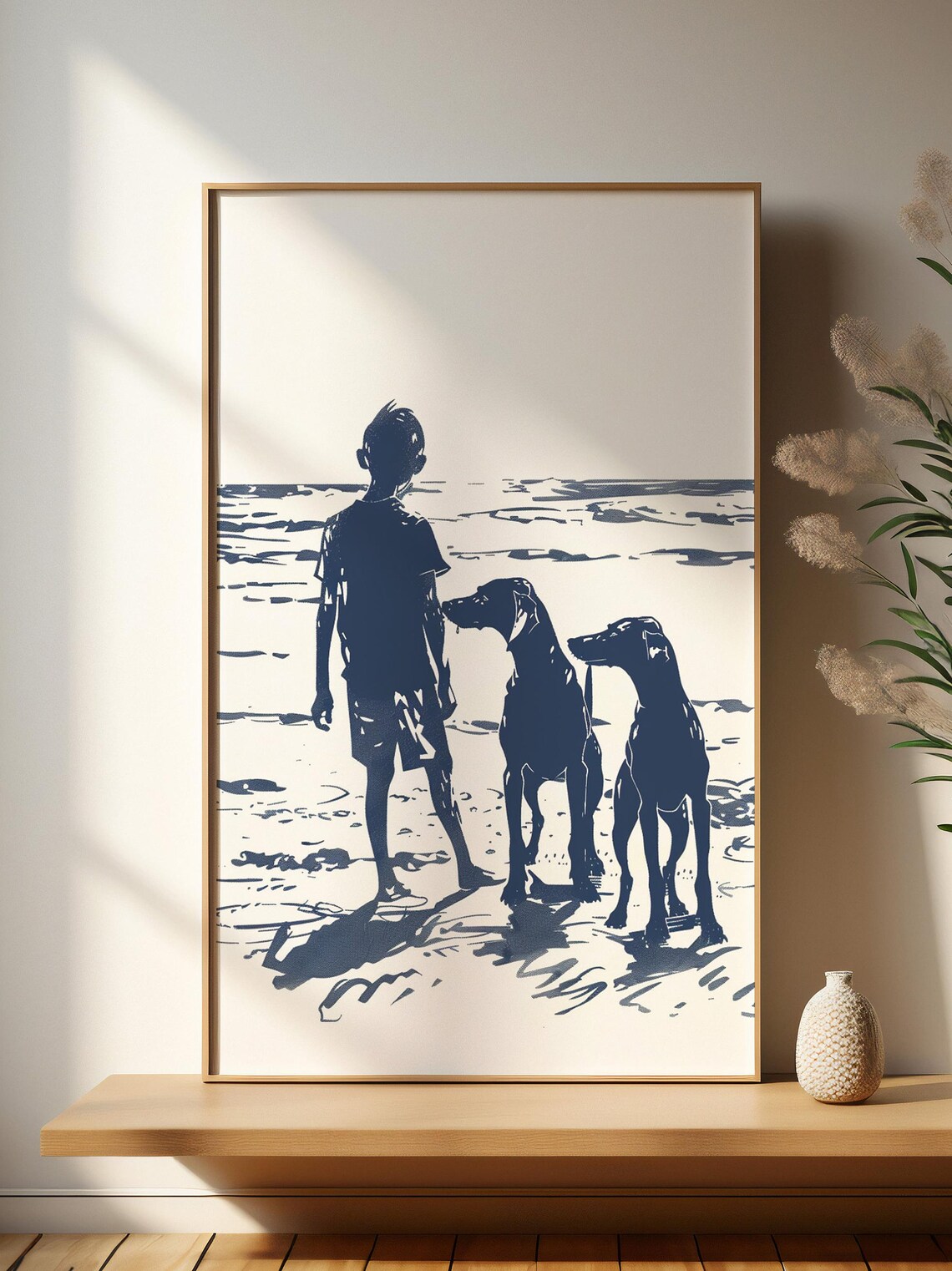 Florida Gulf Morning Walk Boy Dogs Art Print
