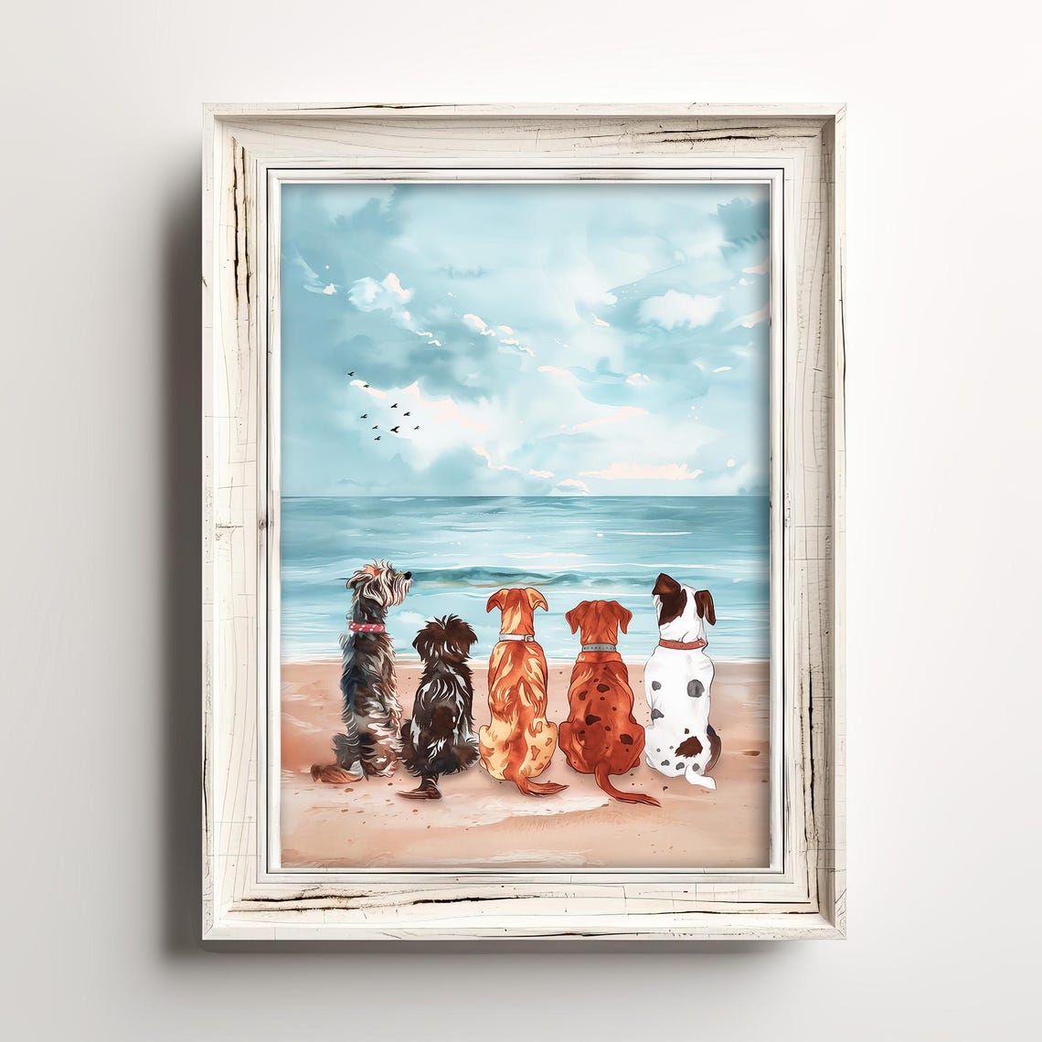 Five Dogs Watching the Ocean Watercolor Beach Scene Dog Lover Poster