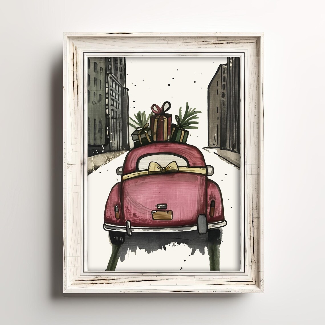 Pink Vintage Car Christmas Gifts Holiday City Street Art Poster