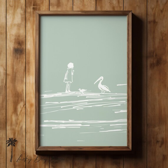 Minimalist Pelican Beach Sketch Girl Seagull Sage Green Line Art Poster