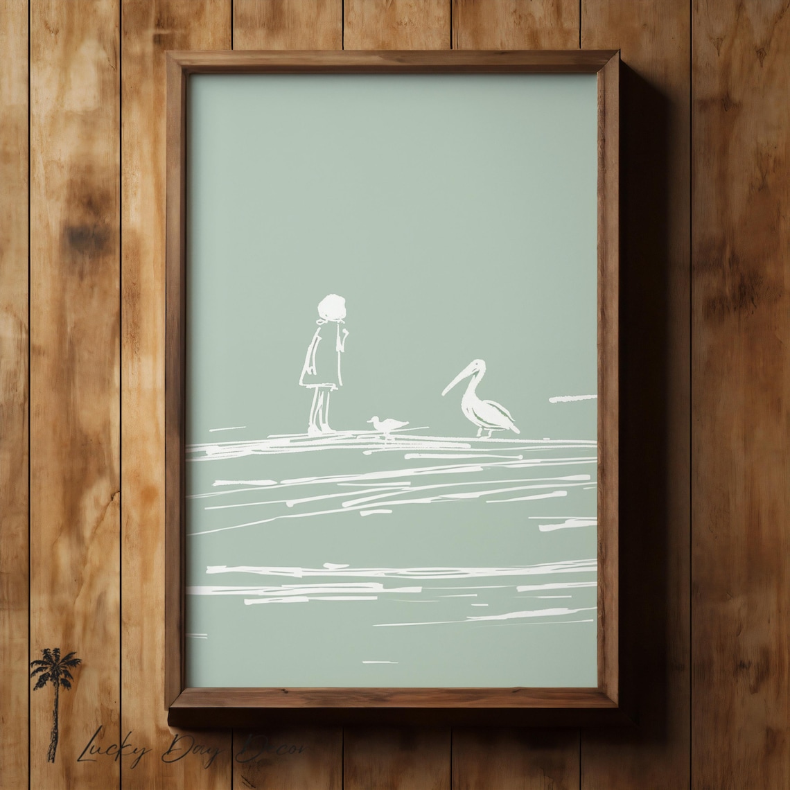 Minimalist Pelican Beach Sketch Girl Seagull Sage Green Line Art Poster