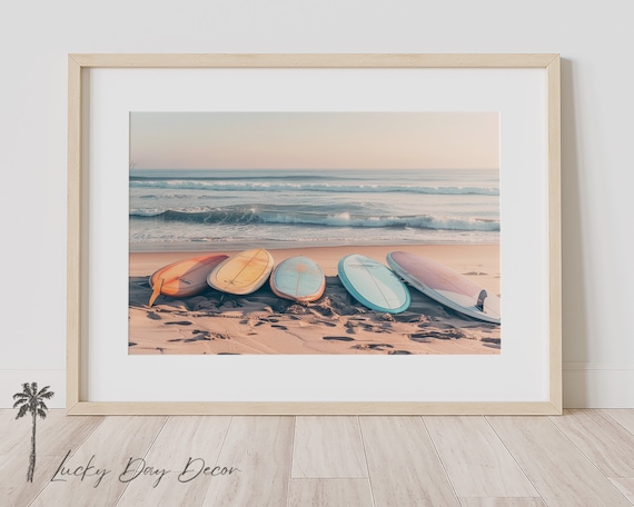 Pastel Surfboards Lined Up On Sandy Beach Shore Ocean Waves View Poster