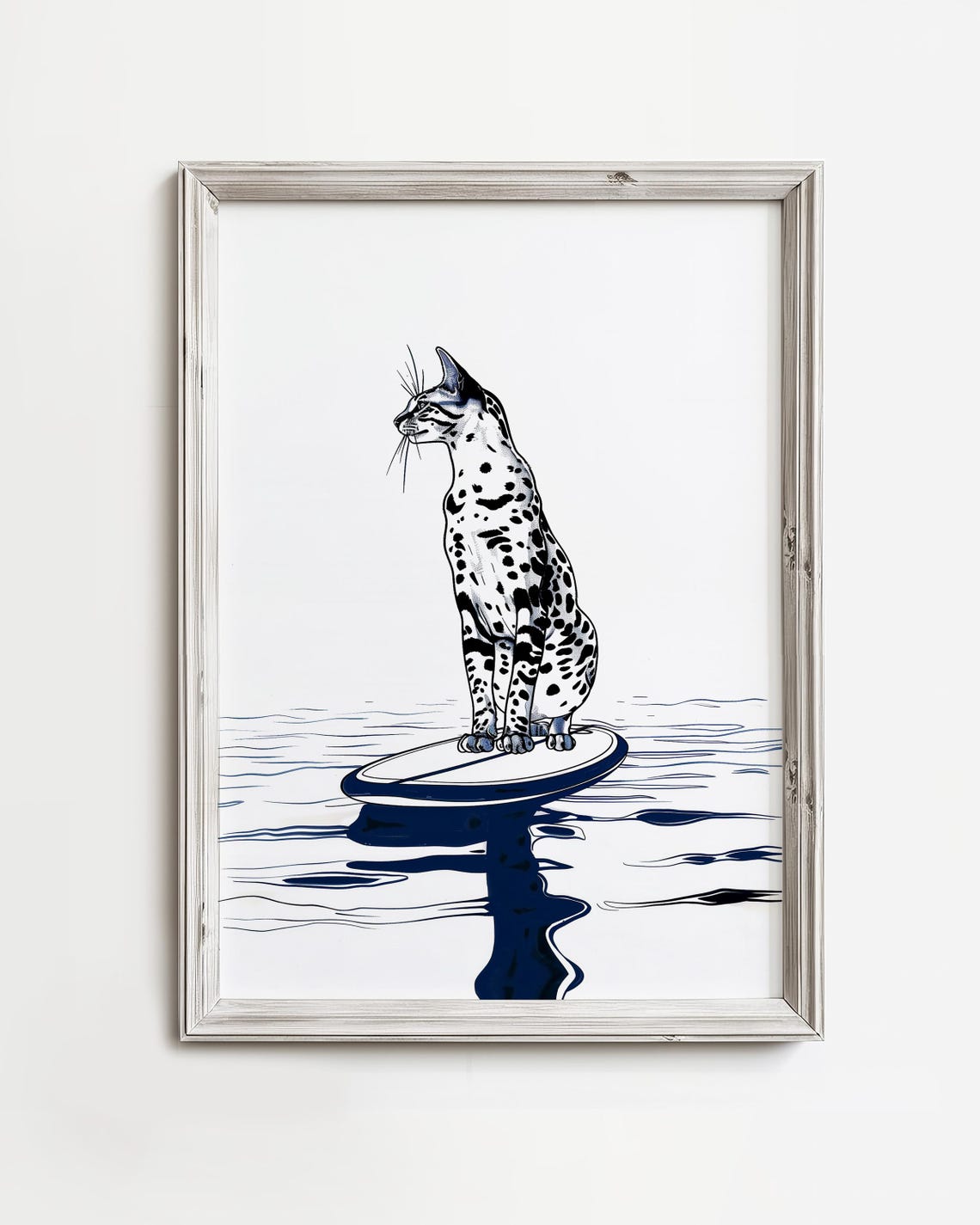 Savannah Cat Surfing Paddleboard Blue Ink Sketch Ocean Poster
