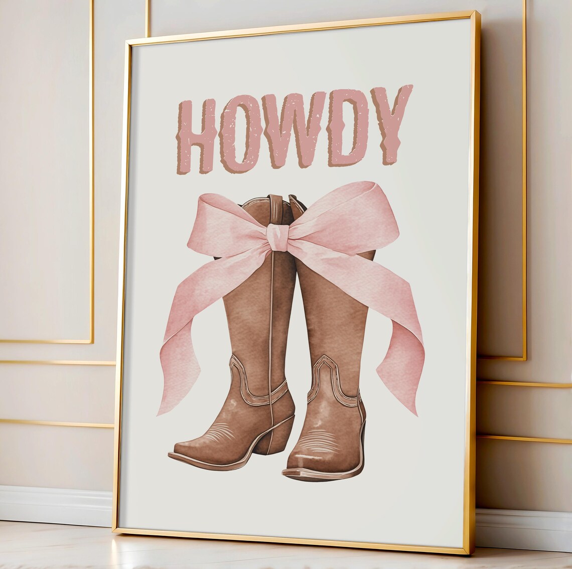 Howdy Cowgirl Boots Pink Bow Western Watercolor Nursery Wall Art - Image 2