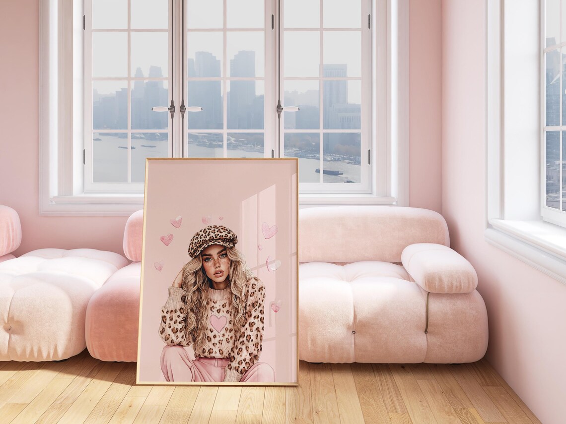 Leopard Girl Pink Heart Sweater Valentine Fashion Art Poster - Image 2