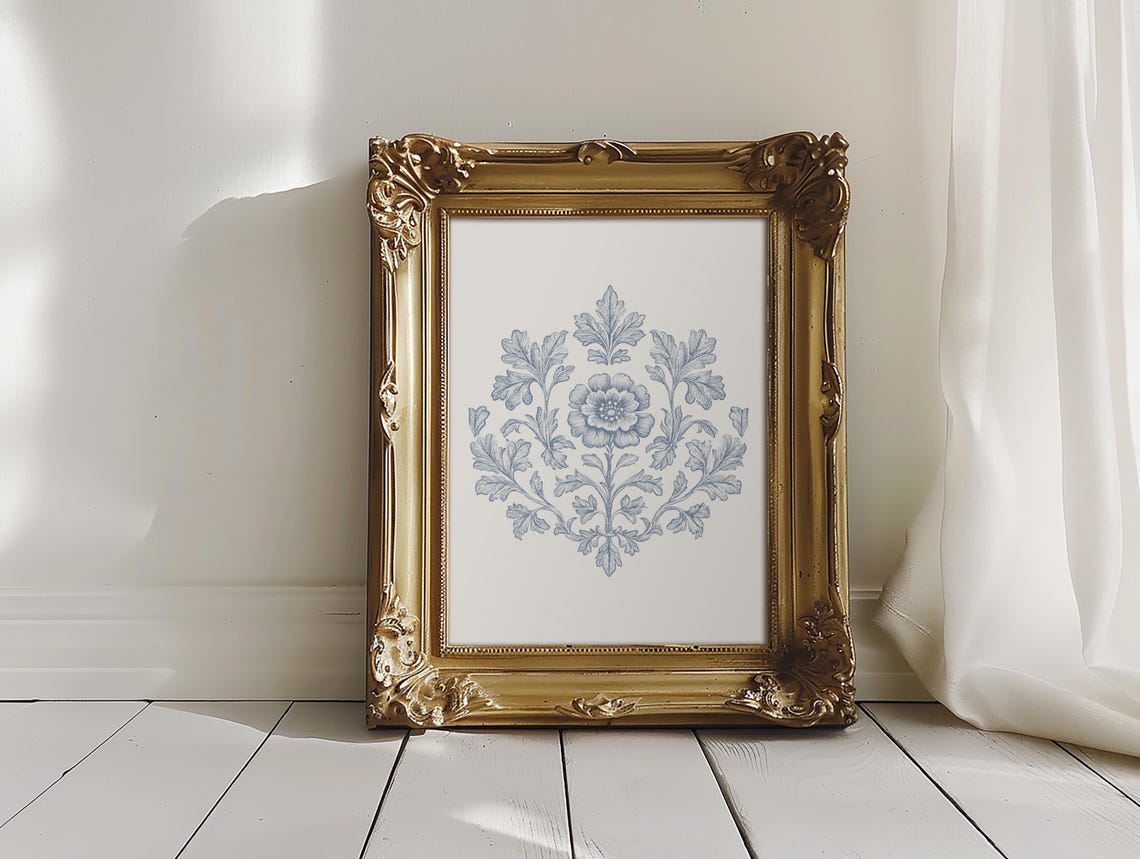 Blue Toile Floral Motif Ornate Gold Frame Vintage Classic Poster - Image 3