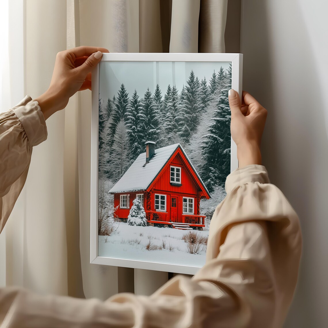 Red Cabin Snowy Forest Winter Wonderland Photography Art Print - Image 2